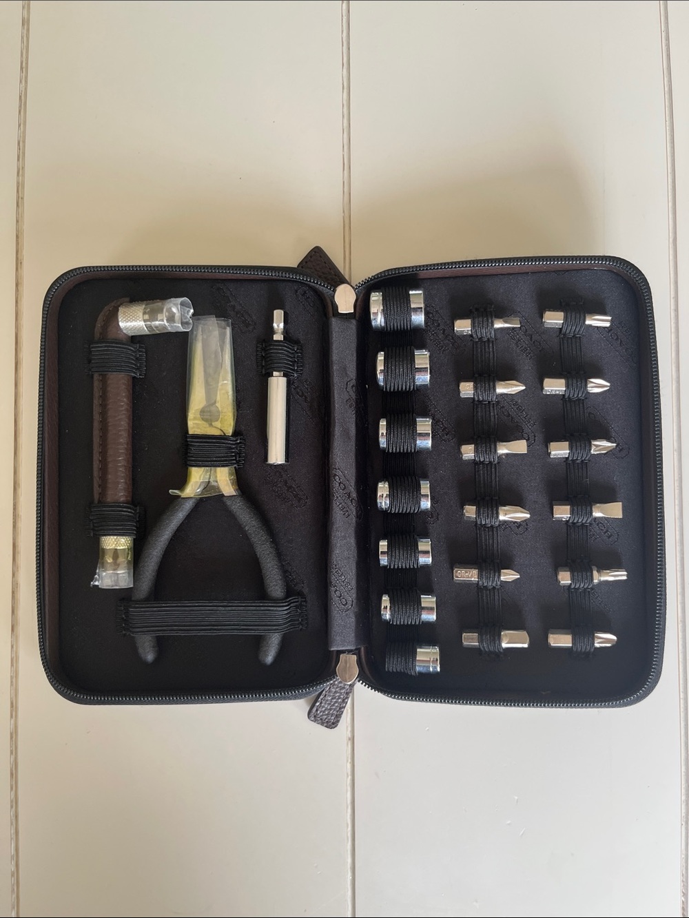Dark Brown Compact Coach Ratchet and Wrench Tool Set Wallet in Pebbled Leather